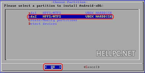 vælg en partition for at installere Android med vinduer