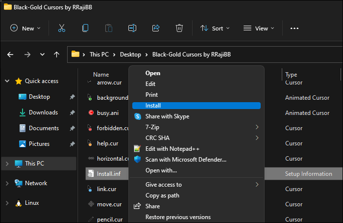  Fai clic destro su Installa.inf e selezionare altre opzioni e quindi fare clic su Installa per installare puntatori del mouse personalizzati impostati in Windows 11 e 10